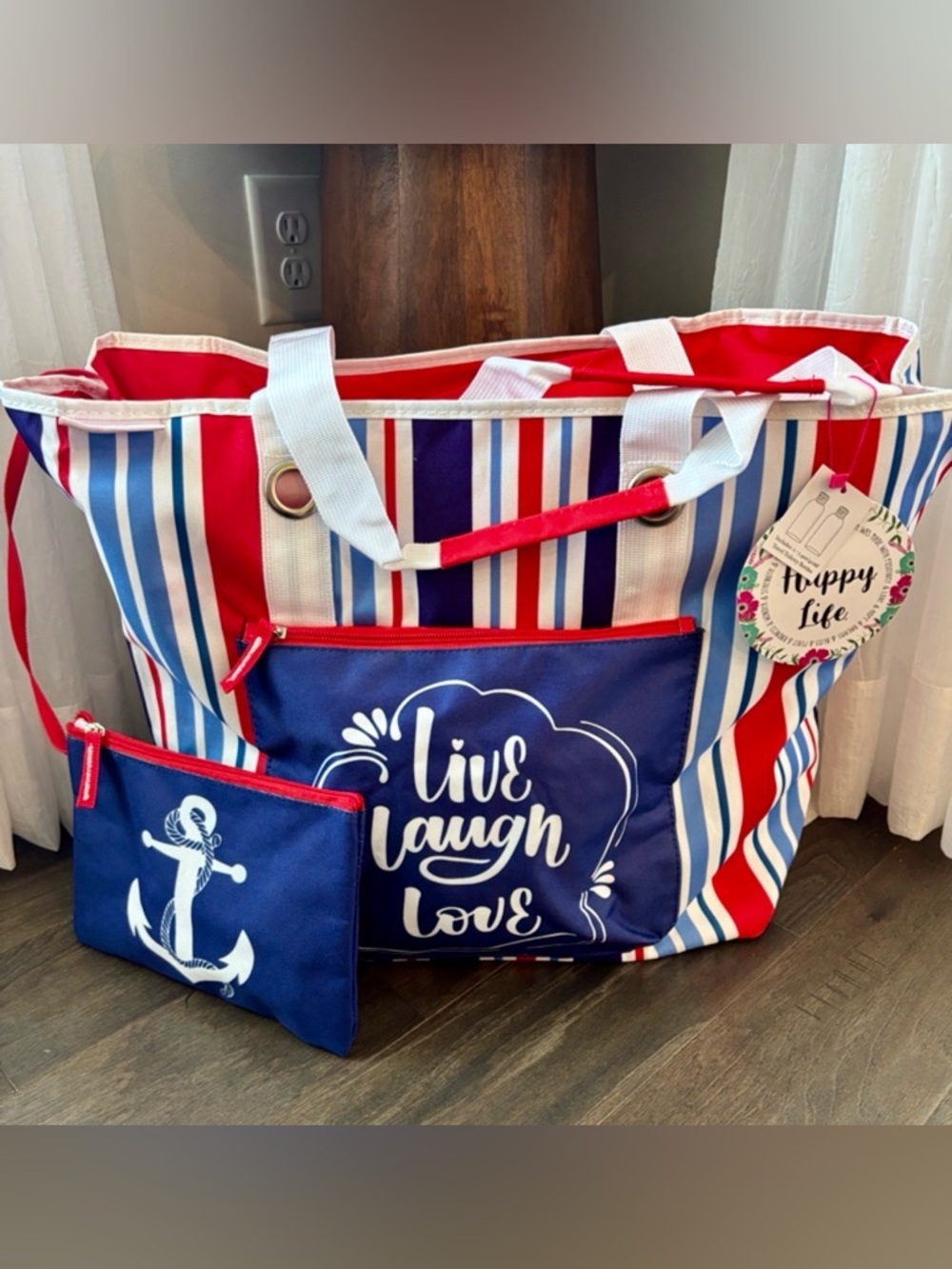 Happy Life Beach,Market,zip top,zip front pkt.,toiletry case,vinyl lined,sturdy